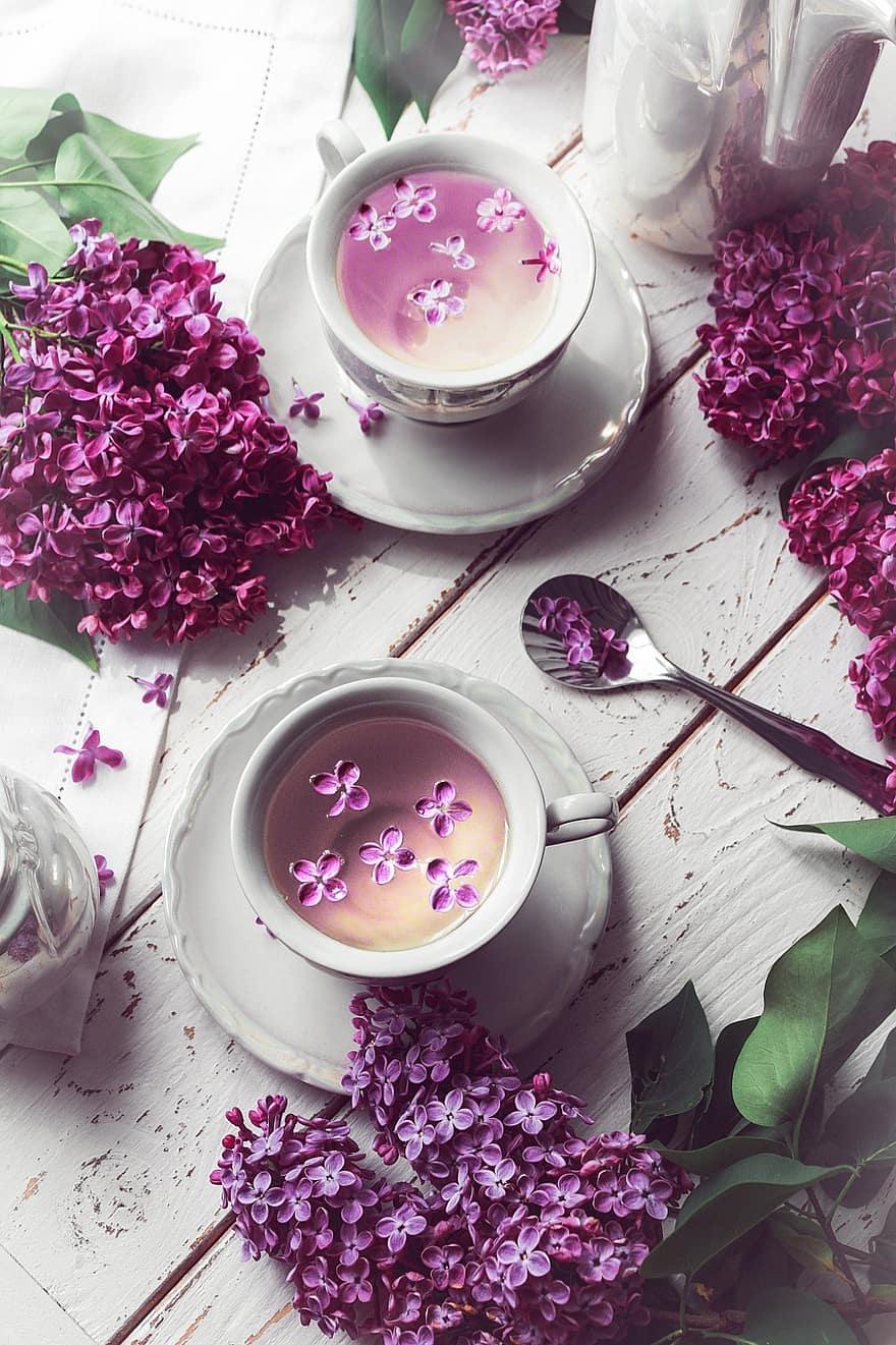 сирень, весна, чай, чайная вечеринка, фиолетовые цветы, цветы, напиток, чайная чашка, кружка