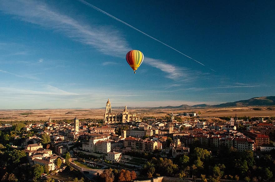 varmluftsballong, reise, eventyr, Spania, by, luftfartøy, dom, fritid