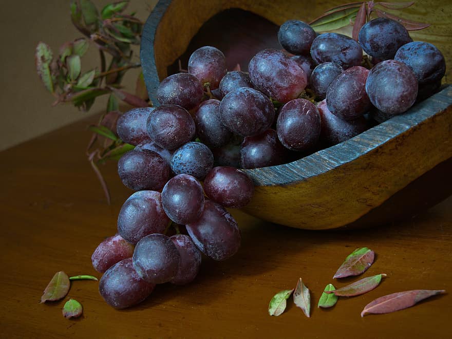 grapes, close up, fruit, bowl, berries, rustic, table, ripe, wine, fresh, organic