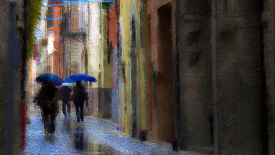 pioggia, gli ombrelli, vicolo, strada, pioviggine, piovoso, persone, edifici, pittura, pittura digitale