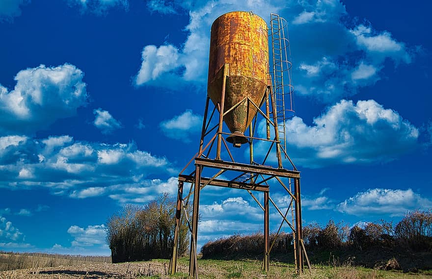 Water Tank, Water Tower, Countryside, Sky, Nature, Landscape, blue, rural scene, cloud, industry, old