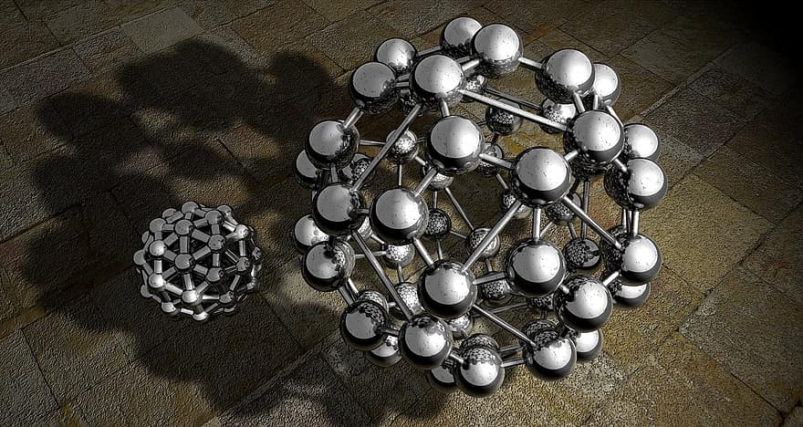 Buckyball, Polyeder, Modelle des Atoms, Modelle, Bälle, Metall, Gitter, Struktur, Konstruktion, bilden, Geometrie