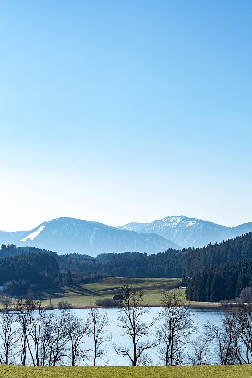 jezioro, Alpy, góry, drzewa, las, Las, alpejski, pasmo górskie, allgäu, wędrówki, widoki na góry