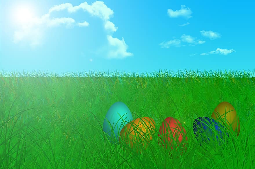 Illustrated Easter, Easter Background, Nature, Field, Sun, Season, Landscape, Bright, Natural, Outdoor, Sunlight
