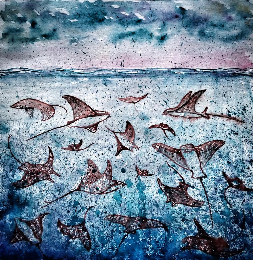 Ocean, Rays, Sea, Undersea World, Figure, Watercolor, Illustration, For The Book, Underwater, Water, Diving