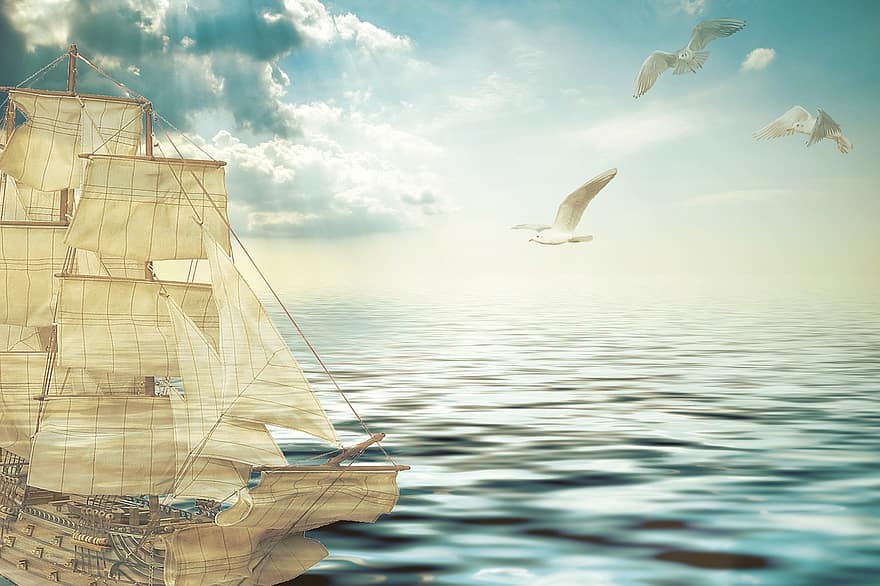 barca a vela, gabbiani, nave, mare, barca, sovrapposizione di immagini, uccelli, acqua, nuvole, umore, atmosferico
