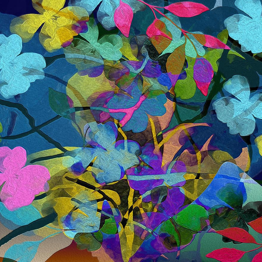Blumen, abstrakt, Geäst, Frühling, Hintergrund, Textur, Blau, Gelb, Blüten, Blumen-, dekorativ