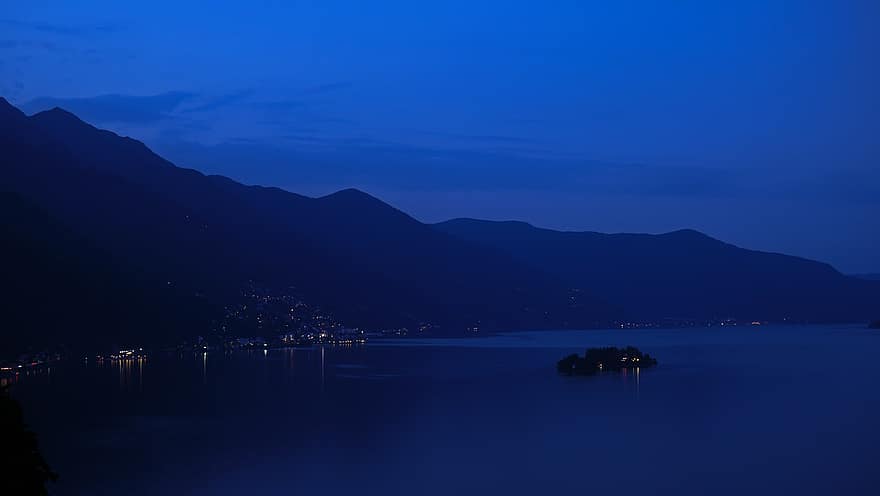 lago, Brissago, oscuridad, hora azul, agua, noche, azul, montaña, paisaje, puesta de sol, verano