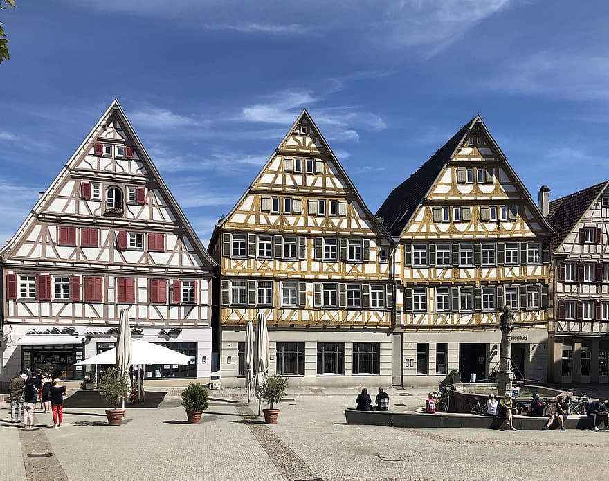 herrenberg, mercat, cases amb entramat de fusta, baden-wuerttemberg, Alemanya, barri antic, edificis, façana, arquitectura