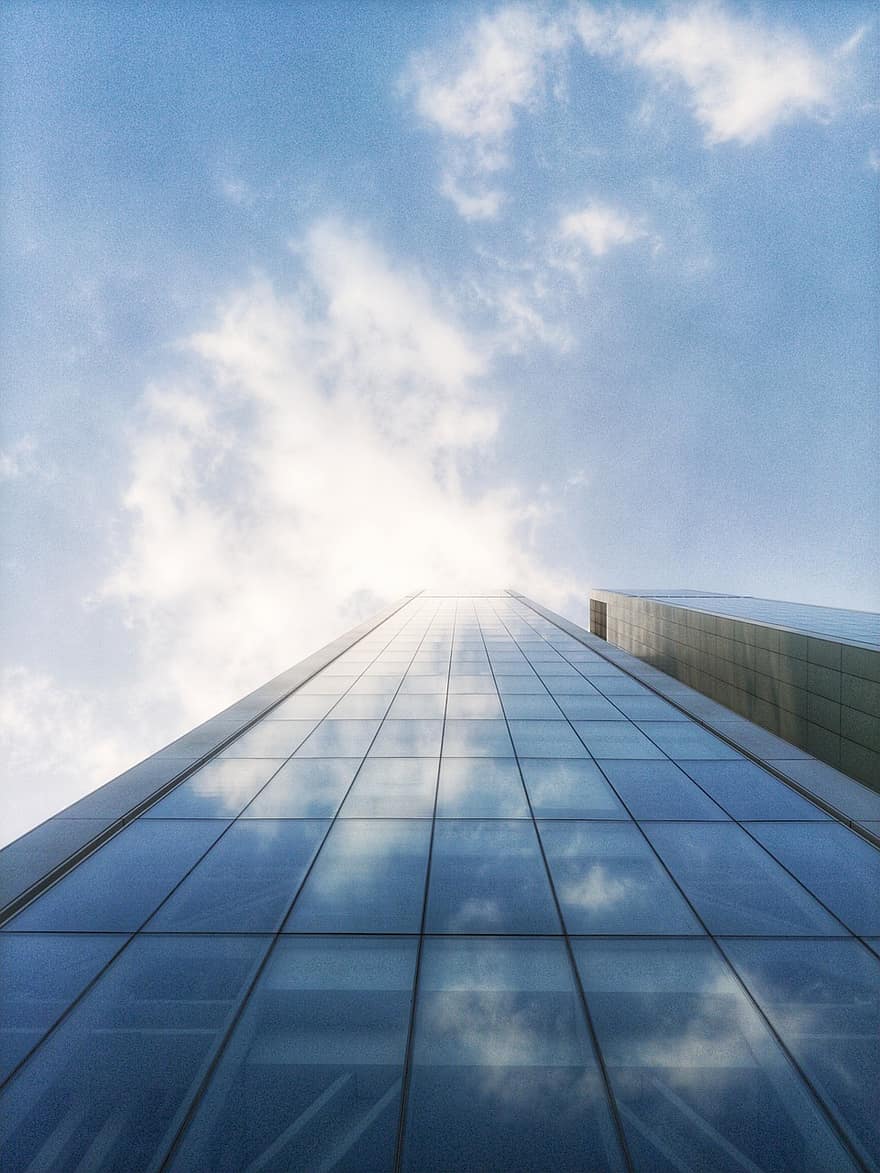 bygning, glass, vinduer, himmel, refleksjon, sollys