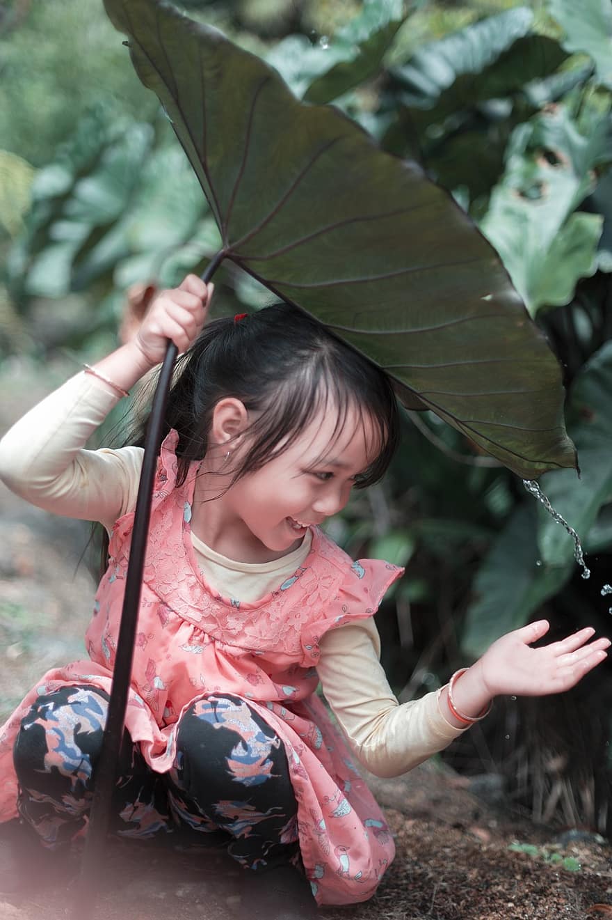 niño, niña, hoja, Paraguas de hoja, joven, feliz, felicidad, infancia, linda, camboyano, retrato