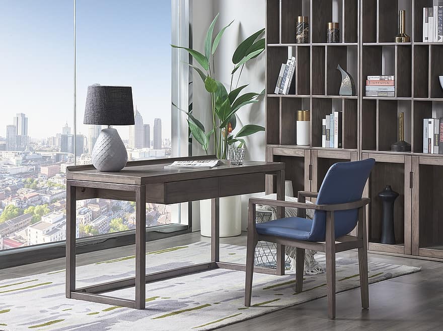 bureau, chaise, design d'intérieur, nordique, minimaliste, meubles, étagères, pièce, intérieur