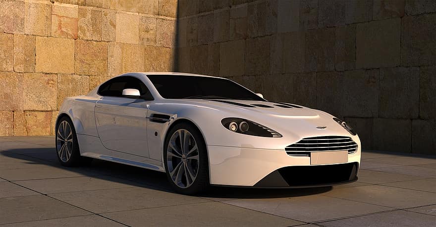 Aston Martin, előny, sportkocsi, autos, autó, versenyautó, körvonal, fémes, napsugárzások, árnyék, terem