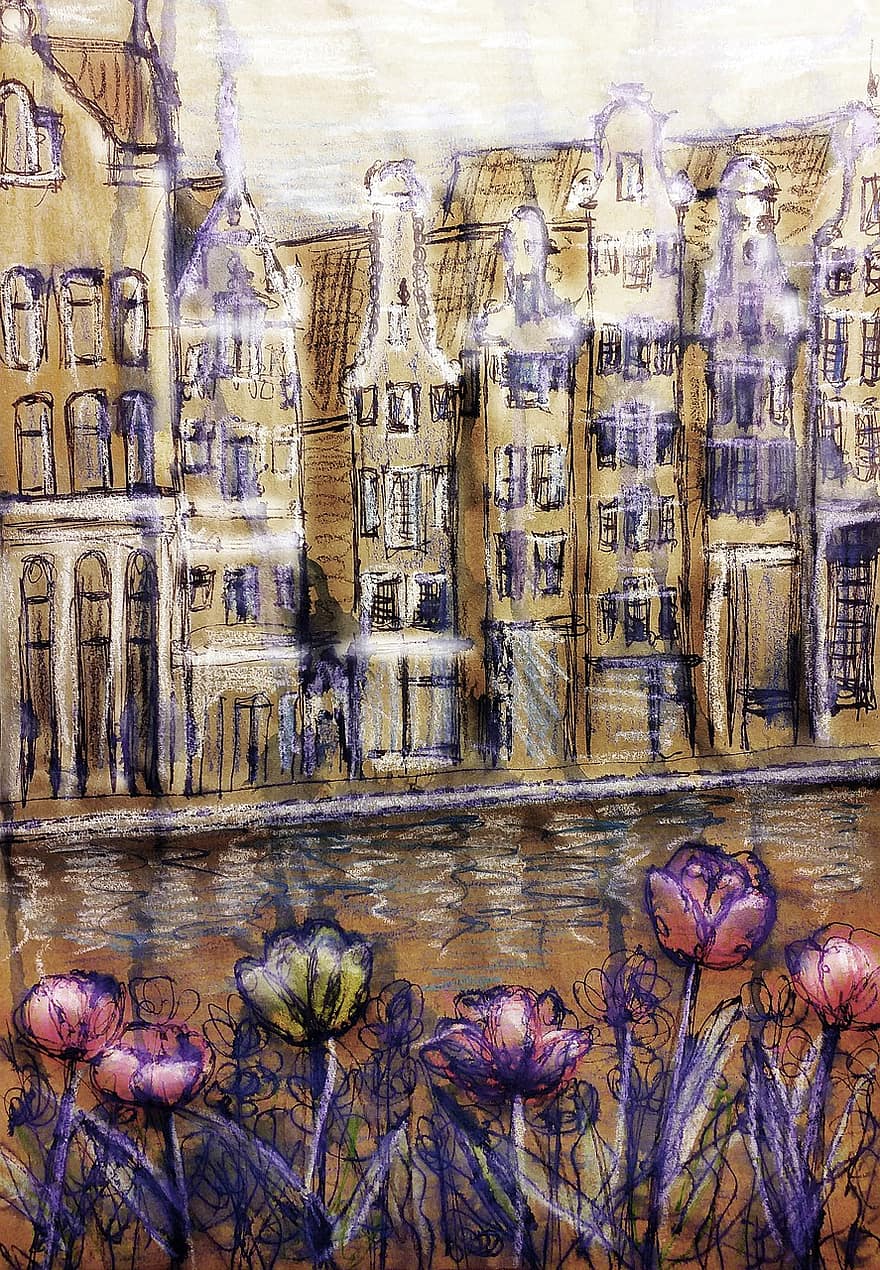Amsterdam, Holandia, tulipany, postać, naszkicować, kanał, Miasto, architektura, budynek, turystyka, podróżować