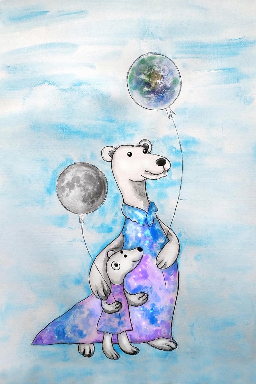 isbjörnar, ballonger, vattenfärg, mor, unge, barn, björnar, djur, planet, måne, Barnillustration