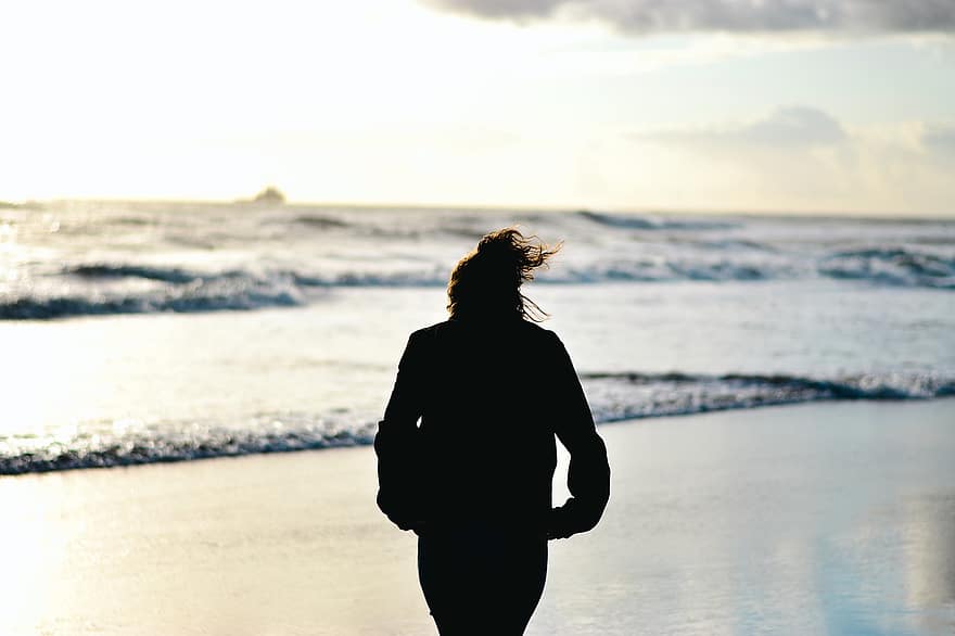puesta de sol, playa, mujer, caminar, mar, costa, al aire libre, vacaciones, una persona, hombres, estilos de vida