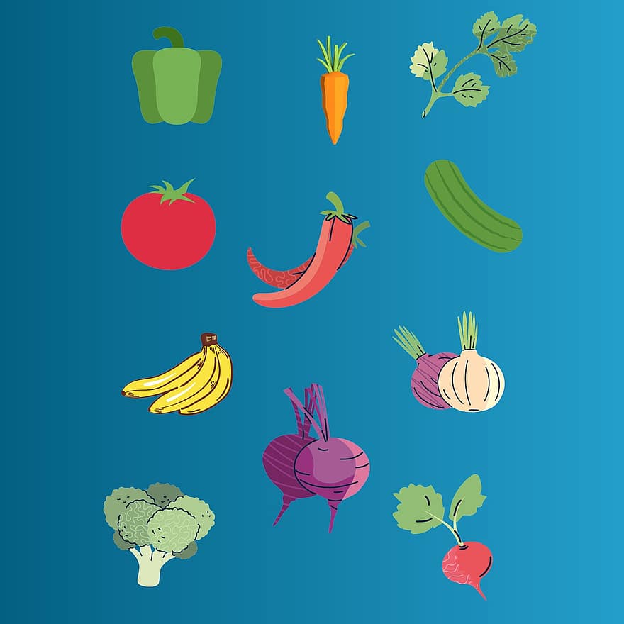 biozeleniny, zelenina, vyrobit, Kreslená zelenina, brokolice, banán, mrkev, rajče, červená řepa