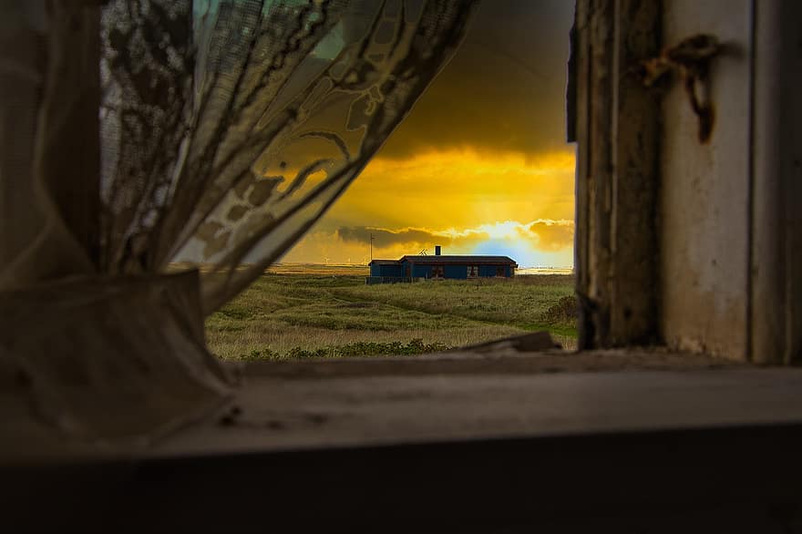 Window, Field, Sunset, Mood, Light, Sunlight, Building, Abandoned, Old, Atmosphere, Lost Place