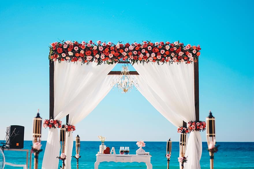 strand bruiloft, altaar, decoratie, huwelijk, bloemen, viering, evenement, cancun, liefde