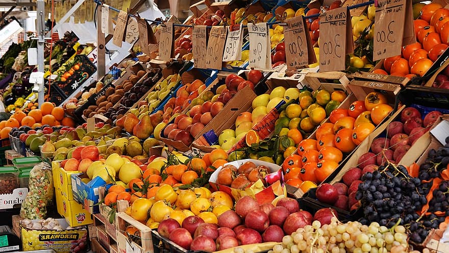 fruit, markt, prijzen, sinaasappels, druiven, persimmon, appels