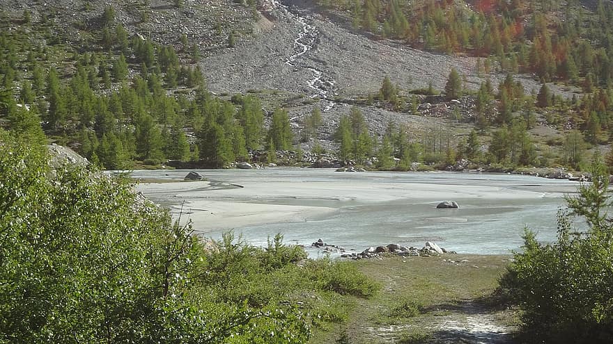 Terminal Moraine, Stream, Mountain, Valais, Switzerland, River, Lake, Nature, Trees
