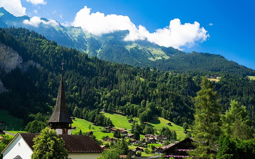 Chiesa, villaggio, montagne, Svizzera, lauterbrunnen, Europa, nuvole, viaggio