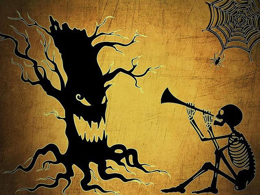Halloween, albero, scheletro, strano, surreale, gespenstig