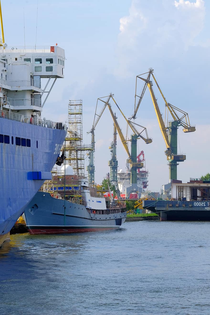 Werft, Hafen, Kräne, Schiffe, Meer, Versand, kommerzielles Dock, Wasserfahrzeug, Transport, Kran, Baumaschine