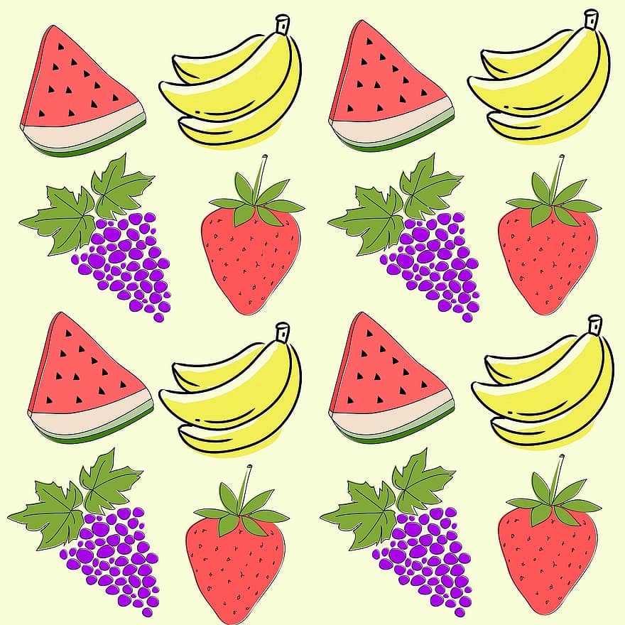 frugter, mønster, baggrund, mad, vandmelon, banan, jordbær, drue, sund og rask, dessert, moden