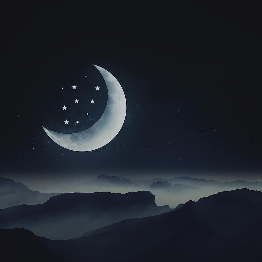 Mond, Star, Nacht-, Traum, Landschaft, Berglandschaft, Träume, dunkel, Märchen, Abdeckung
