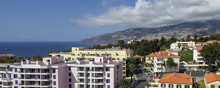 къщи, сгради, град, крайбрежие, море, стръмна скала, планина, Фуншал, Мадейра, Португалия, остров