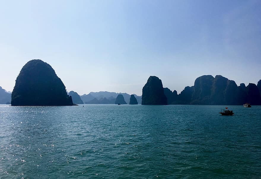 Όρμος, θάλασσα, νερό, κόλπος Χαλόνγκ, σαϊγκόν, φύση, Ασία, βιετναμ, βουνό, ναυτικό σκάφος, μπλε