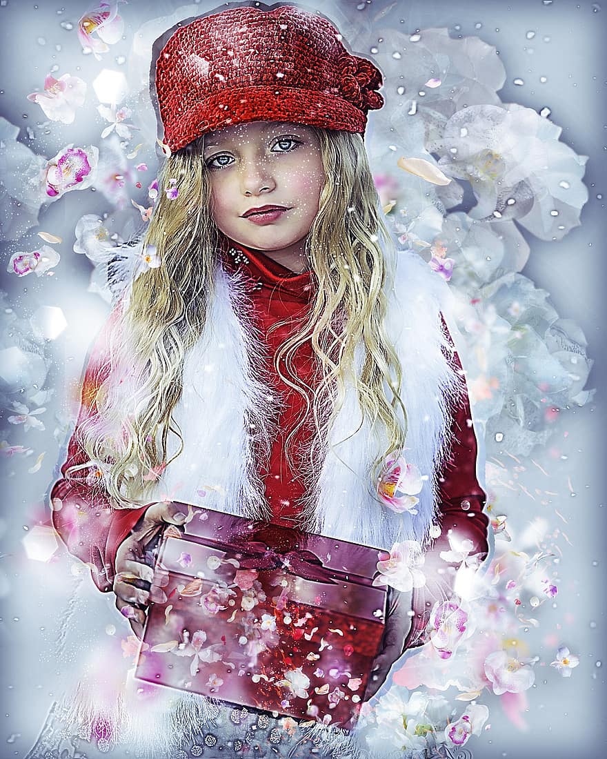 ziemas brīnumzeme, sarkans, sniegs, auksts, sezonā, Ziemassvētki, balts, maza meitene, brīvdienas, ziemā, mazs