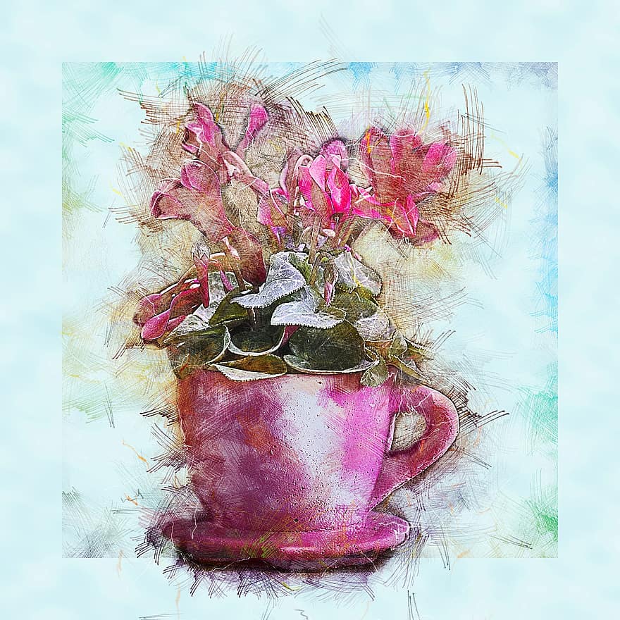 violett, Rosa, Pflanze, Blume, Blumentopf, Tasse, Natur, Alpenveilchen, blühen, digitale Manipulation