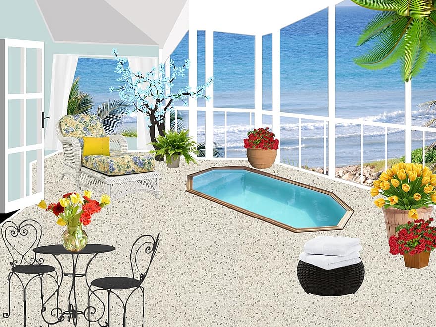 balcon, patio, flori, plantele înflorite, mobilier rattan, verandă, litoral, ocean, palmier, scaune, relaxare