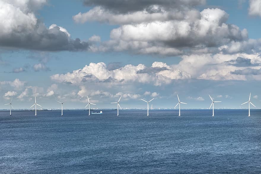 mar, turbinas de viento, Granja eólica, molinos de viento, energía eólica, electricidad, energía, horizonte, cielo, nubes, turbina eólica