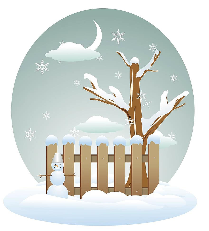 zimní, strom, plot, sníh, sněhové vločky, sněží