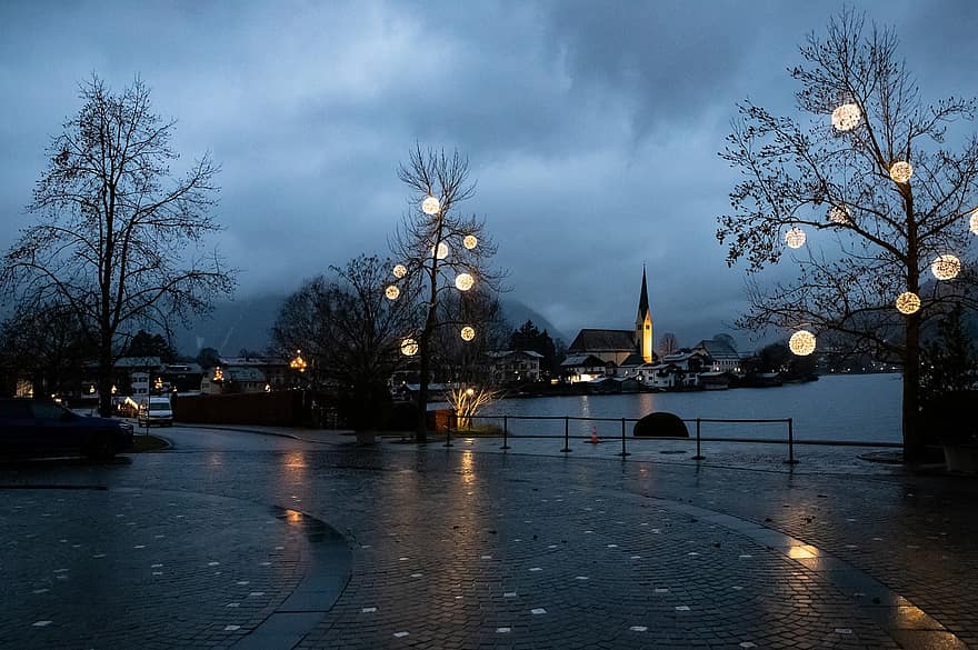 Night Lights, Road, Christmas, Advent, Christmas Time, Lake, Village, Church, Dusk, Rottach-egern, Upper Bavaria