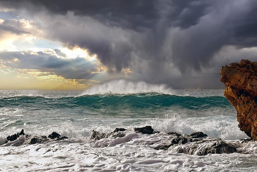 mer, vague, orage, éclaboussure, fracassant, Roche, plage, côte, Côte rocheuse, paysage marin, la nature