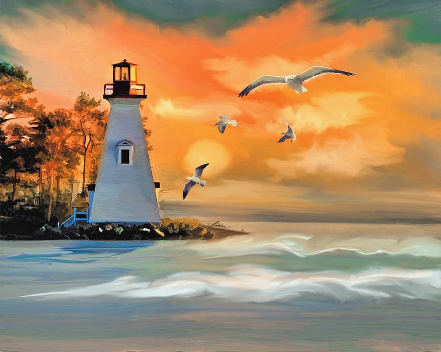 Decoration, Decorative, Colorful, Design, Digital Art, Digital Painting, Artwork, Creative, Seagull, Lighthouse, Ocean
