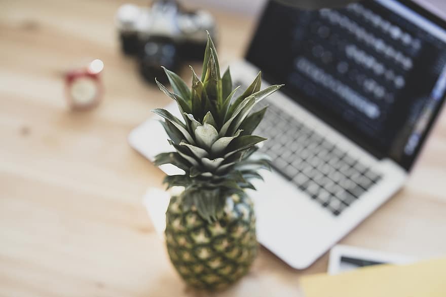 Pineapple, Fruit, Food, Laptop, Table, Office, Ornament, Decor, Work, Wood, Background