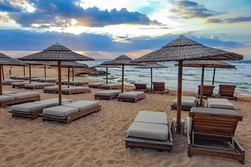 Strand, Strandhotell, paradis, solnedgang, ferie, øy, hav, Kypros, ayia napa