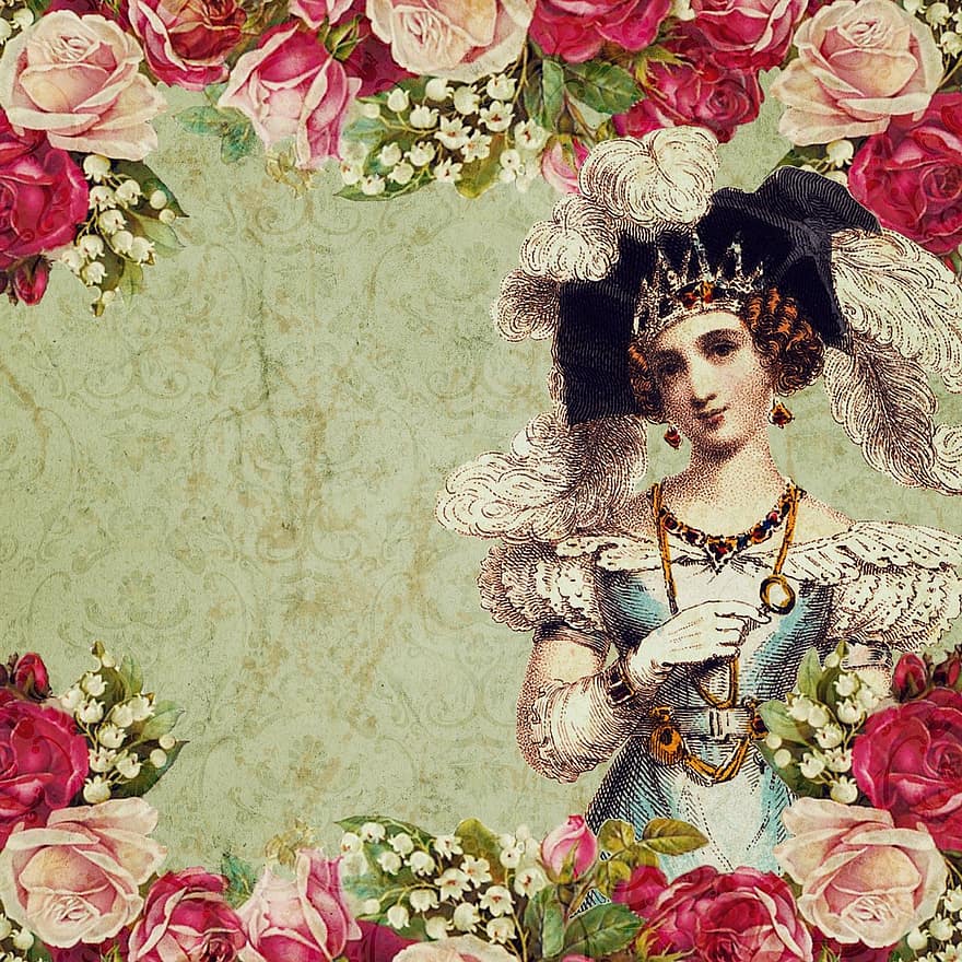 Vintage, Frame, Lady, Fashion, Flowers, Roses, Floral, Pattern, Damask, Paper, Copy Space