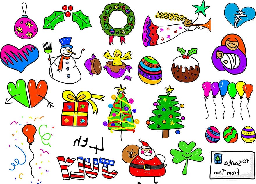 vacances, ocasions, celebra, celebració, festa, aniversari, icones, conjunt, Doodle, dibuixos animats, Pasqua