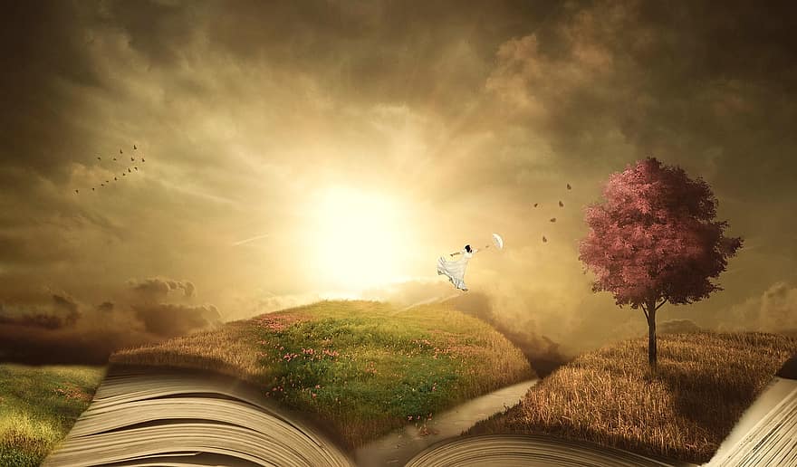 książka, drzewa, ścieżka, mężczyźni, trawa, krajobraz, literatura, zachód słońca, słońce, Góra, łąka