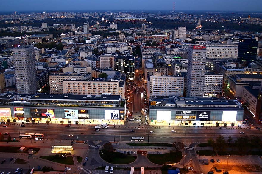 Warsaw, Polija, pilsēta, naktī, ēkām, pilsētas ainava, pilsētas, gaismas, bloki, galvaspilsēta