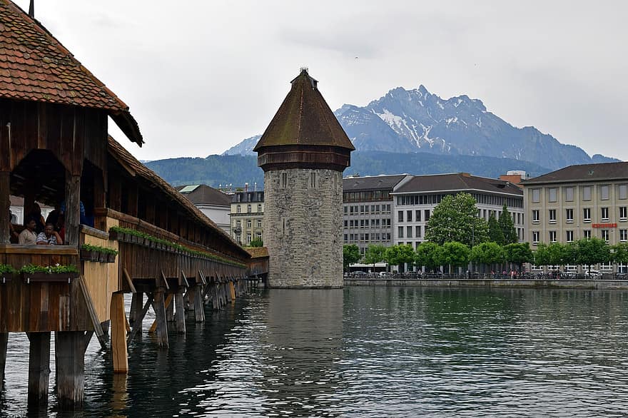 kapelbro, rejse, turisme, Schweiz, lucerne, bro, vandtårn, Kapellbrücke, arkitektur, vand, berømte sted