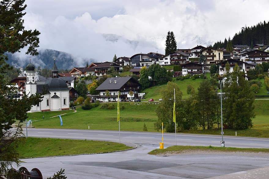Austria, Seefeld, Tirol, Iglesia, panorama, montañas, paisaje, naturaleza, excursionismo, escénico, al aire libre
