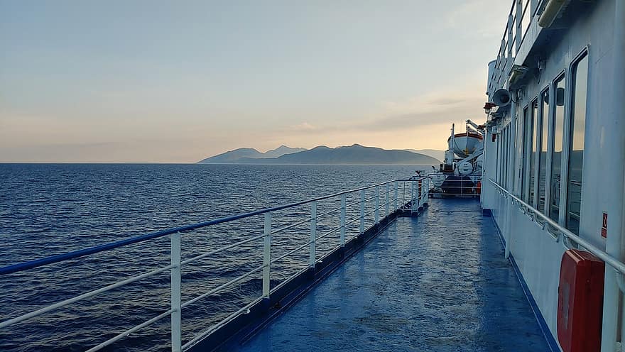 meri, lautta, vene, laiva, maa, vesi, Albania, ylitys, ulkopuolella, auringonnousu, aamulla