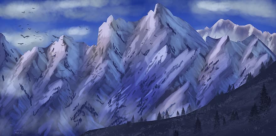 Mountains, Nature, Painting, Landscape, Snow, Alaska, Alps